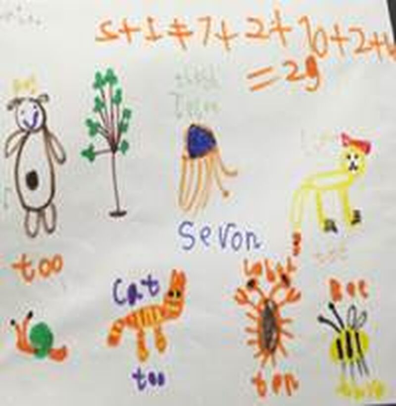 A child's drawings of animals and numbers