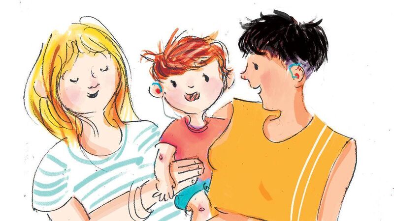 An illustration of two parents with their son, who is wearing hearing aids.