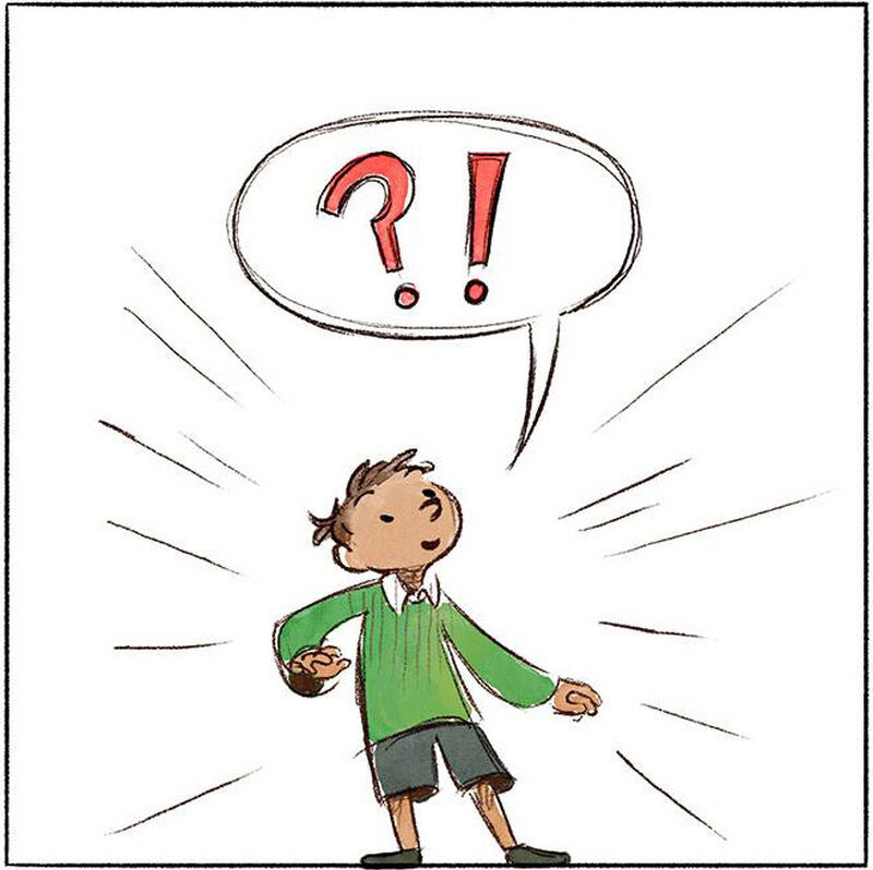 A comic panel showing a child smiling with a speech bubble featuring a question mark and an exclamation mark