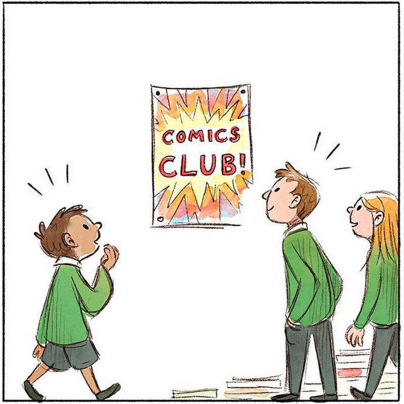 A comic panel featuring children looking at a poster reading 'Comics Club!'