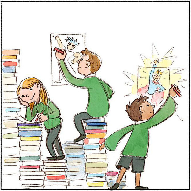 A comic panel showing children drawing their own comics, surrounded by piles of books
