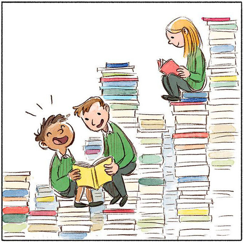 A comic panel showing three children sitting on piles of books enjoying books – one is reading by herself, while two children share a book and laugh