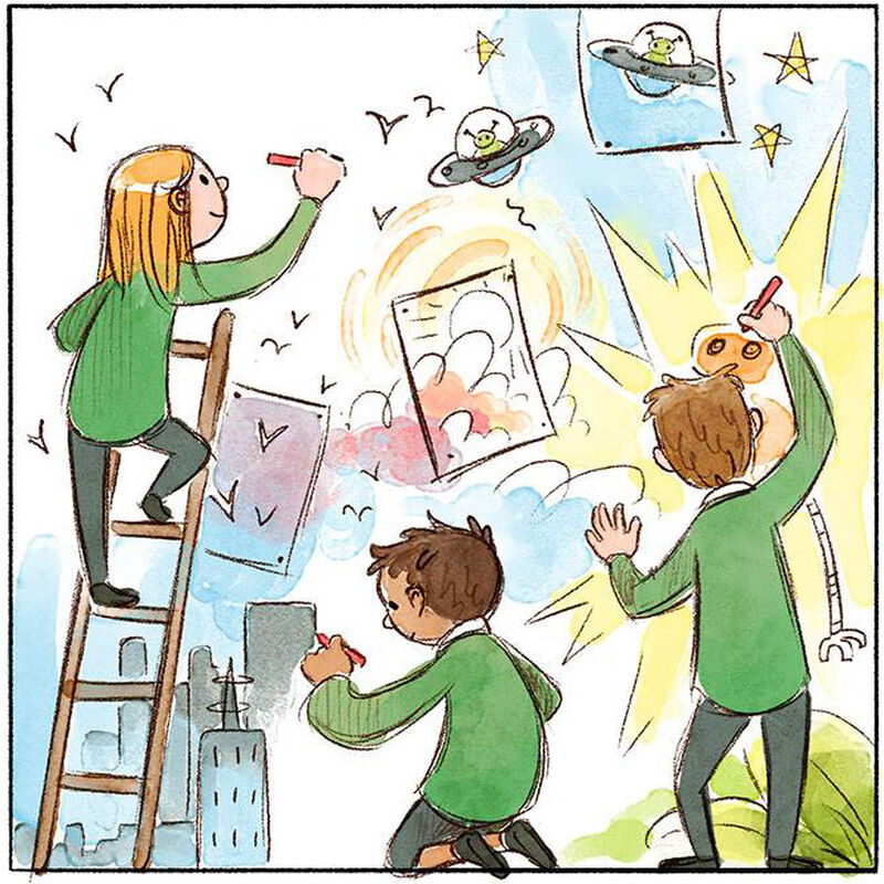 A comic panel showing three children drawing on a wall, including one child on a ladder