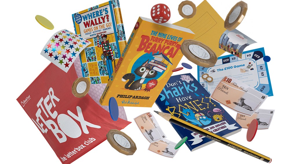 An image showing a selection of books, toys and stickers, coming out of a red Letterbox Club parcel.