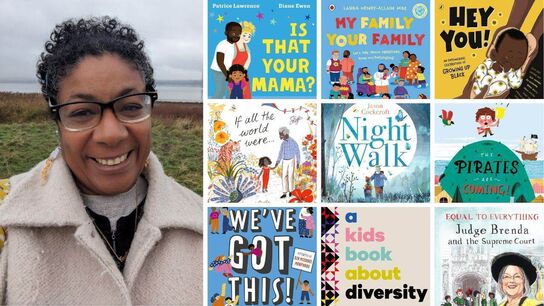 Patrice Lawrence and the front covers of Is That Your Mama, My Family Your Family, Hey You, If All The World Were, Night Walk, The Pirates Are Coming, We've Got This, A Kids Book About Diversity, and Equal to Everything