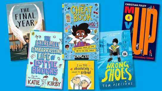 The front covers of The Final Year, The Extremely Embarrassing Life of Lottie Brooks, The Cheat Book, I Am Too Absolutely Small for School, The Wrong Shoes, and Moving Up