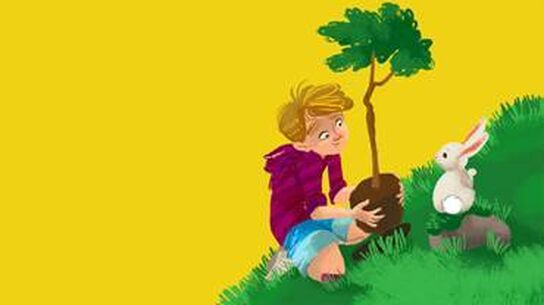 Illustration of a boy sitting with a rabbit and a tree.