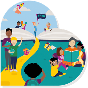 Illustration of children and families on their reading journey.