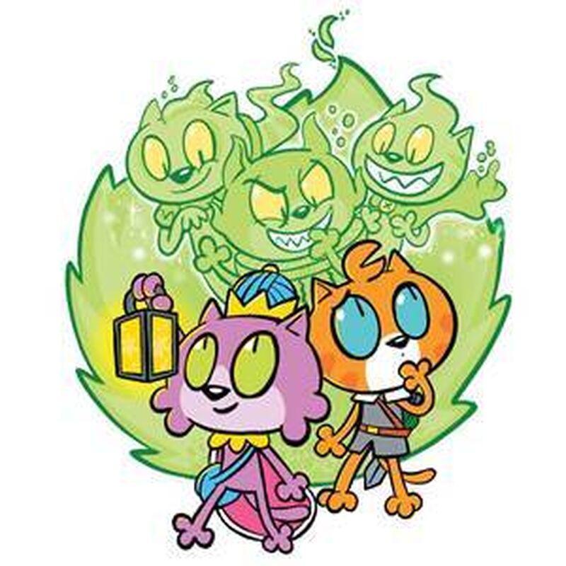 An illustration from Kitty Quest - one cat holding up a lantern confidently, while another seems anxious, with three ghostly green kittens behind them