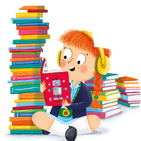 Illustration of a girl smiling while reading with a big pile of books next to her
