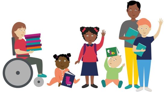An illustration of children and adults holding books.