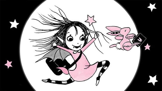 An illustration from the front cover of Isadora Moon Goes to School, featuring a girl with fangs, holding a wand and wearing a backpack, smiling and skipping along next to a bunny with a briefcase