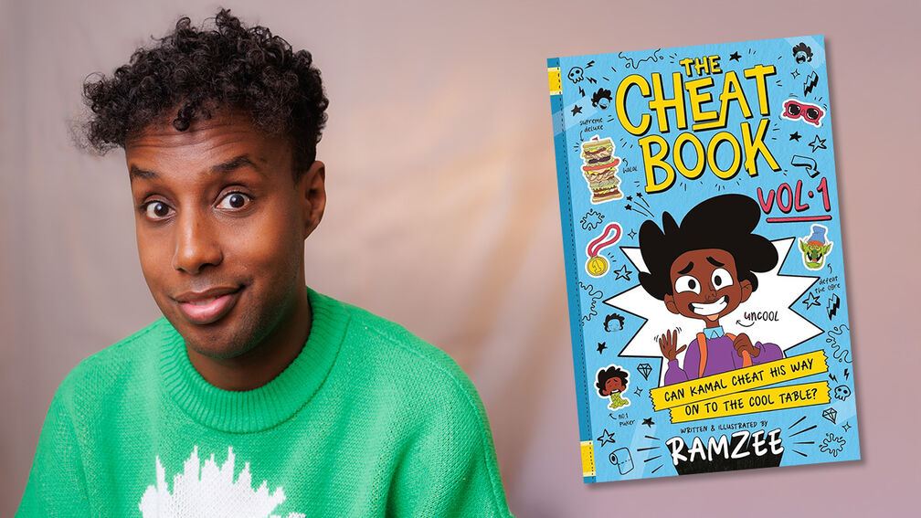 A photo of Ramzee next to the front cover of 'the Cheat Book'