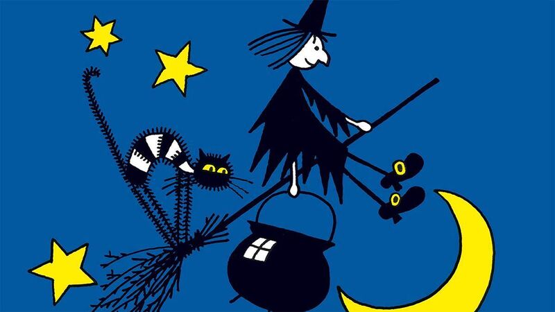 An illustration from the front cover of Meg and Mog - a witch and a cat on a broomstick, with a cauldron dangling from it, flying through the night sky