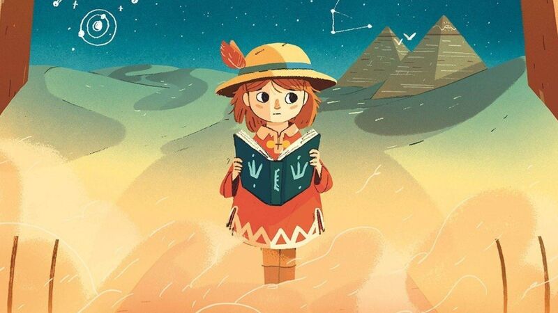 An illustration of Marcy the main character, with an explorer's hat on, holding a book. Pyramids are in the background.