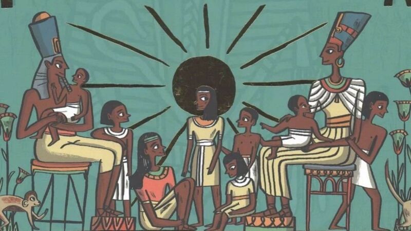 An illustration of Tutankhamun as a young boy, before he was Pharaoh, surrounded by other Egyptians