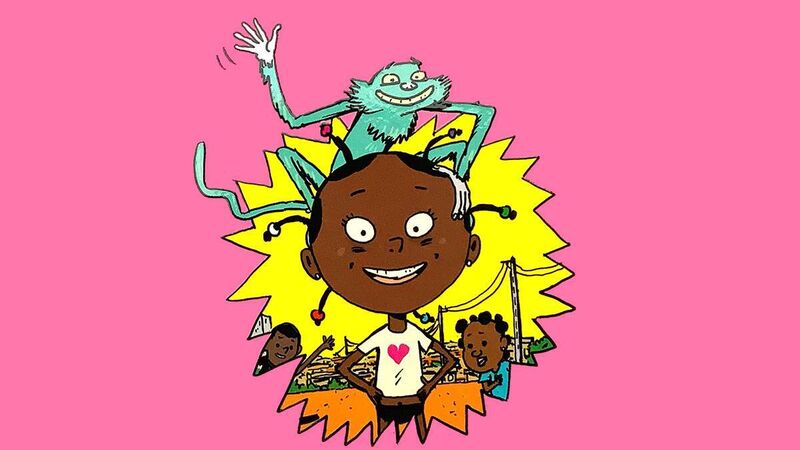 An illustration of a young girl giving a creature a piggyback. They are both smiling and happy, and the creature is waving