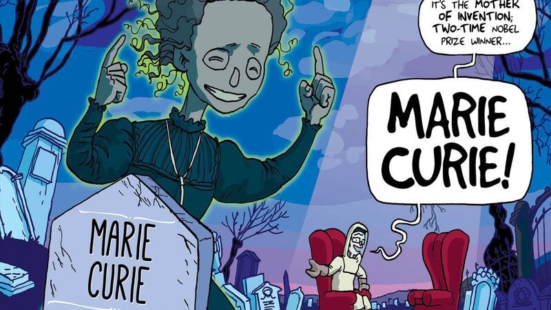 Two characters, both in an illustrated graveyard setting. One is in an armchair, the other has their arms in the air as if they are a conductor