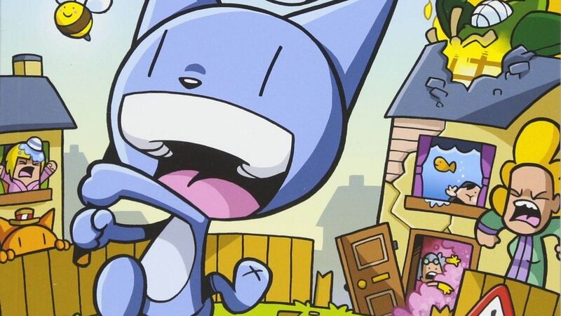 An illustration of a cat called 'Looshkin', running away from his angry neighbours