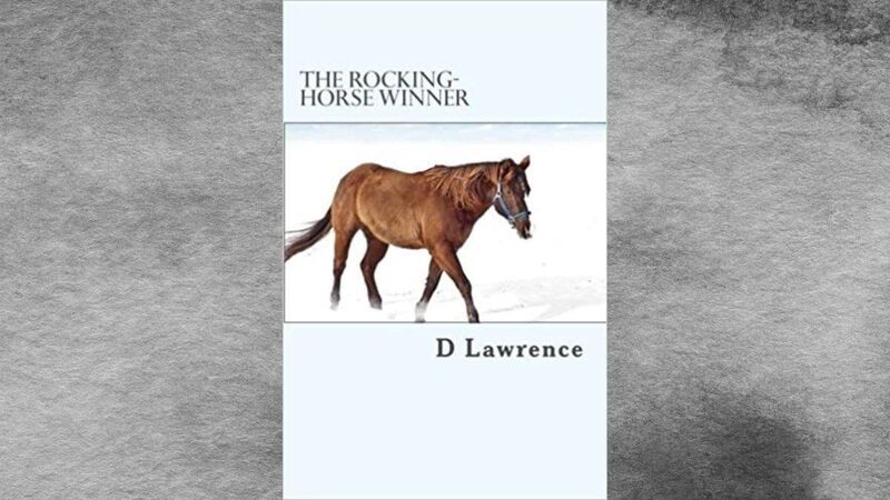 Front cover of "The Rocking Horse" depicting an illustration of a chestnut horse wearing a blue halter, walking on a white background