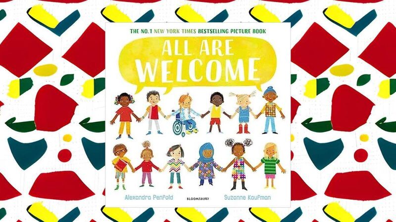 The 'All are welcome' book cover shows happy children holding hands alongside the book's title