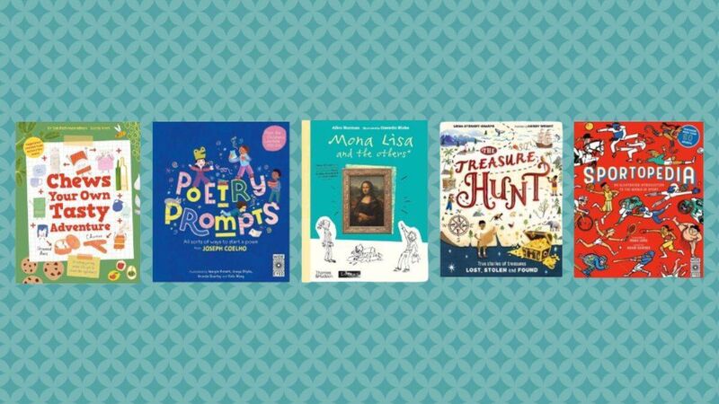 The front covers of Chews Your Own Tasty Adventure, Poetry Prompts, Mona Lisa and the Others, The Treasure Hunt, and Sportopedia
