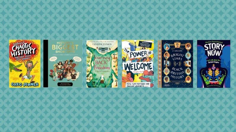 The front covers of Totally Chaotic History, History's Biggest Show Offs, Journey Back to Freedom, The Power of Welcome, Bright Stars of Black British History, and Story of Now