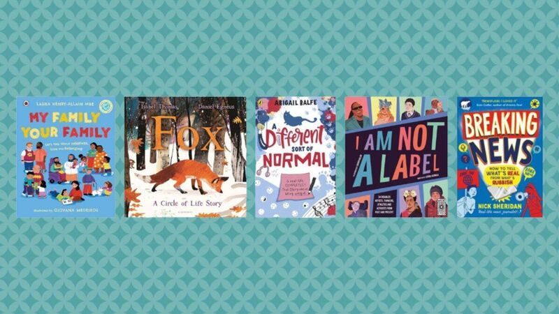 The front covers of My Family Your Family, Fox, A Different Sort of Normal, I Am Not a Label, and Breaking News