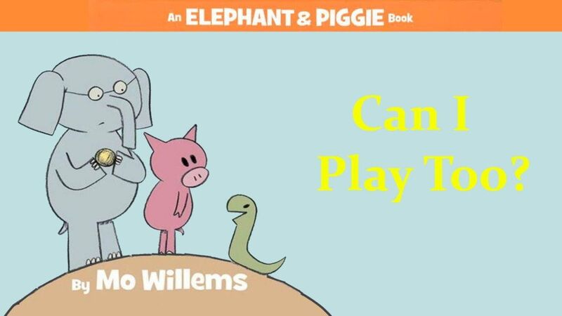 A drawing of an elephant and a pig. The elephant is wearing glasses. A small creature is asking them both if they can play, too?