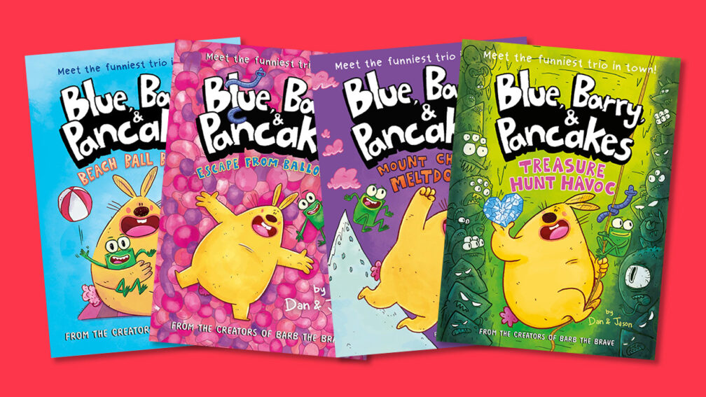The front covers of the four Blue Barry  Pancakes books Beach Ball Bedlam Escape From Balloonia Mount Choco Meltdown and Treasure Hunt Havoc