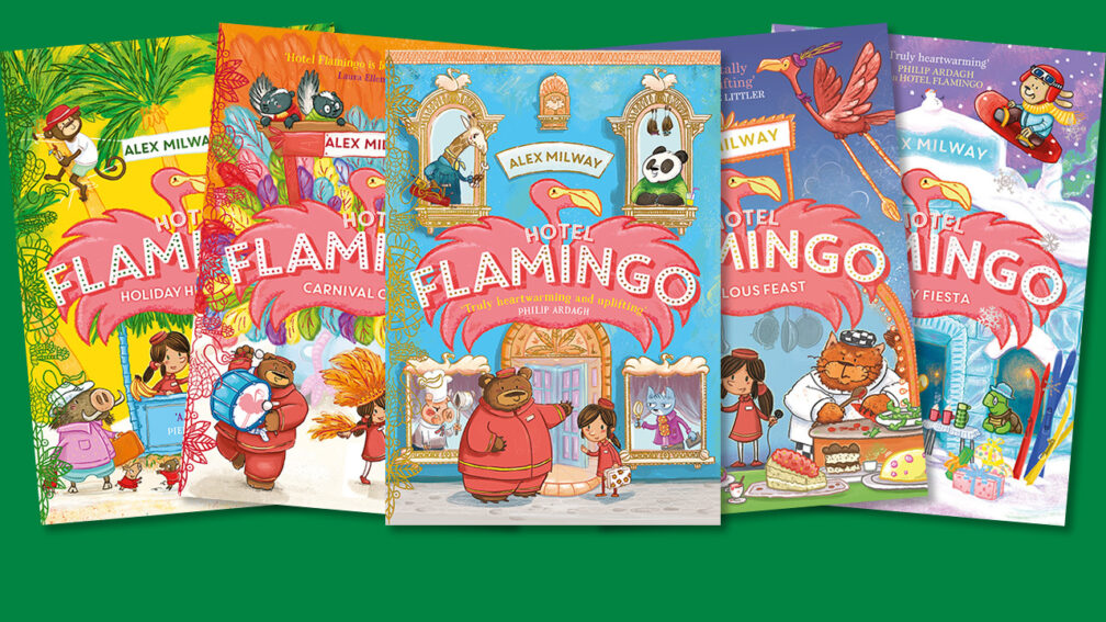 The front covers of the Hotel Flamingo books you could win including the first book plus Holiday Heatwave Carnival Caper Fabulous Feast and Frosty Fiesta