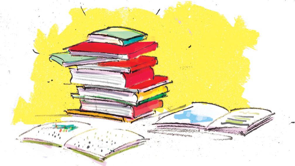 An illustration of books arranged on a table.