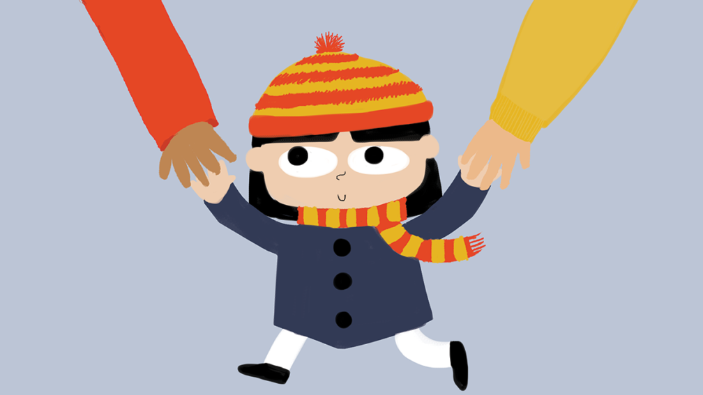 Illustration of a girl holding the hands of her parents.