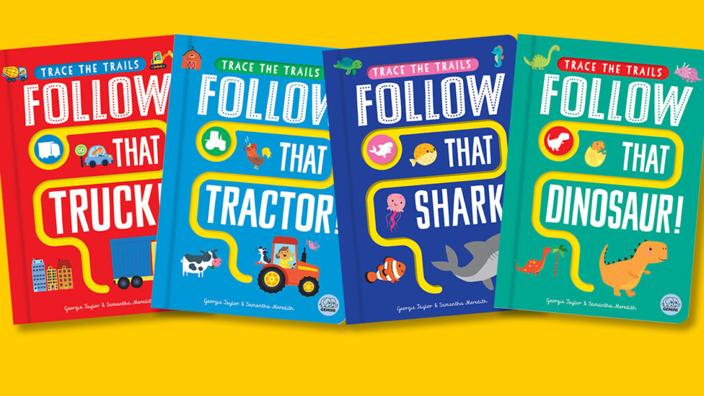 The front covers of Follow That Truck Follow That Tractor Follow That Shark and Follow That Dinosaur