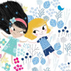 An illustration from the front cover of Two Sides of two girls lying in a field holding hands; one has long dark hair and a dress and is surrounded by pink and green flowers, while the other has short blonde hair, a T-shirt and shorts and is surrounded by blue flowers.