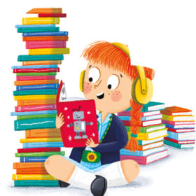 Illustration of a girl smiling while reading with a big pile of books next to her