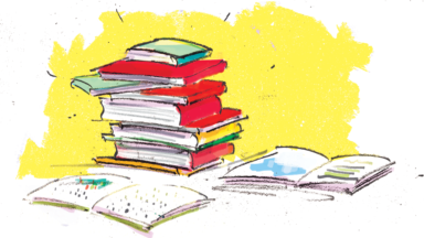 An illustration of books arranged on a table.