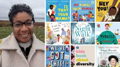 Patrice Lawrence and the front covers of Is That Your Mama, My Family Your Family, Hey You, If All The World Were, Night Walk, The Pirates Are Coming, We've Got This, A Kids Book About Diversity, and Equal to Everything