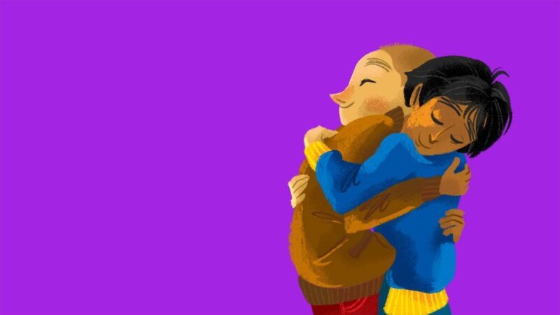 An illustration of two children hugging.