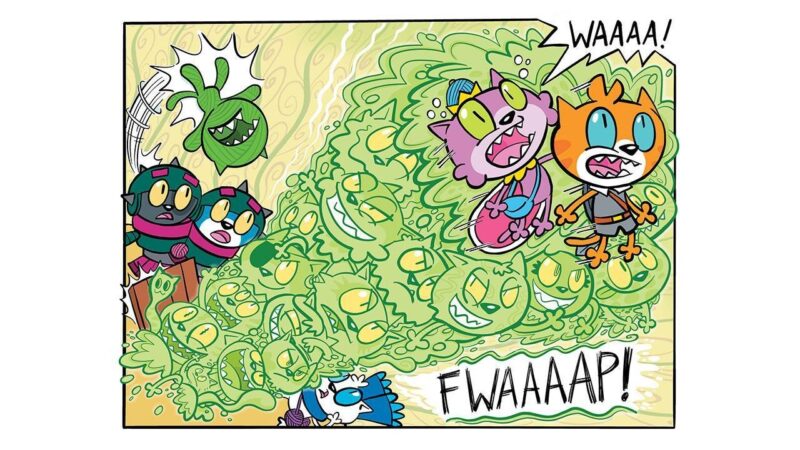 A scene from Kitty Quest showing two cats anxiously being propelled into the air saying: "Waaa!" while another cat is squashed saying: "Fwaaap!" as a flurry of green ghostly cats is unleashed