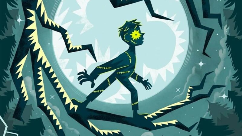 An illustration from the front cover of Stitch, featuring a figure with a yellow star-like eye walking along crooked tree branches against the light of the moon