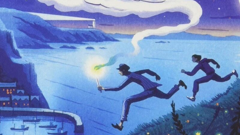 An illustration from the front cover of The Storm Keeper's Island, featuring two figures running along the coast at night