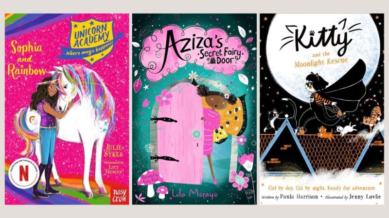 The front covers of Unicorn Academy: Sophia and Rainbow; Aziza's Secret Fairy Door; and Kitty and the Moonlight Rescue